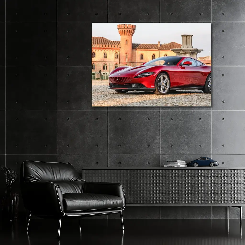 Ferrari Roma Red Supercar Castle Backdrop – Wall Art
