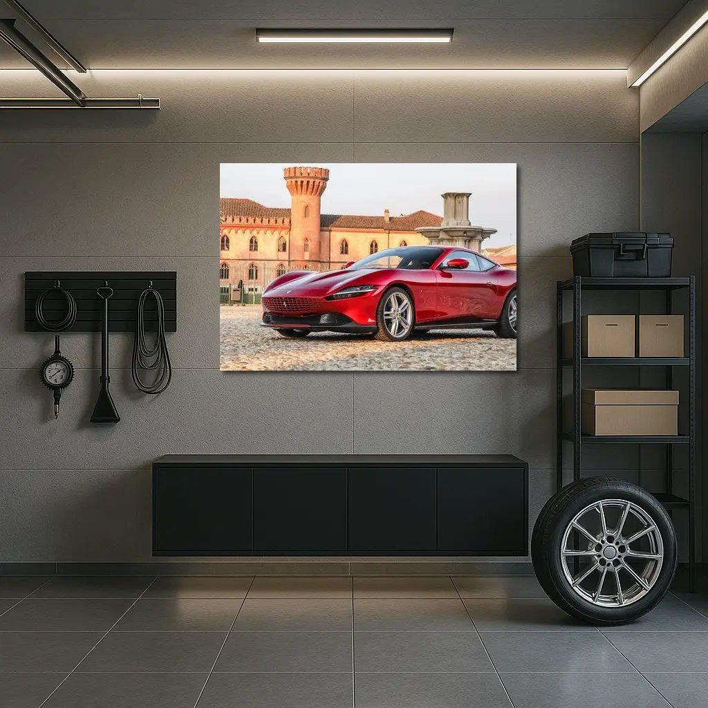 Ferrari Roma Red Supercar Castle Backdrop – Wall Art