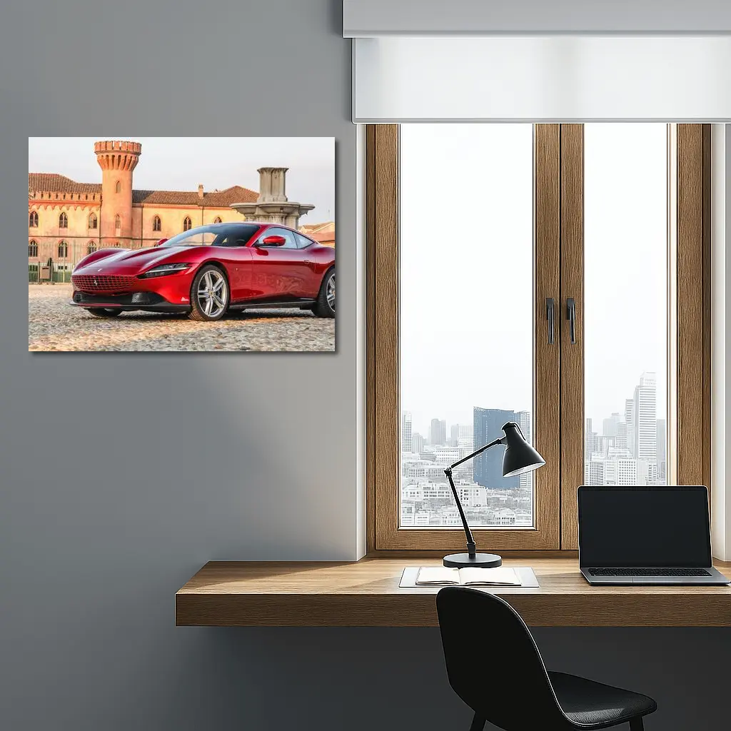 Ferrari Roma Red Supercar Castle Backdrop – Wall Art