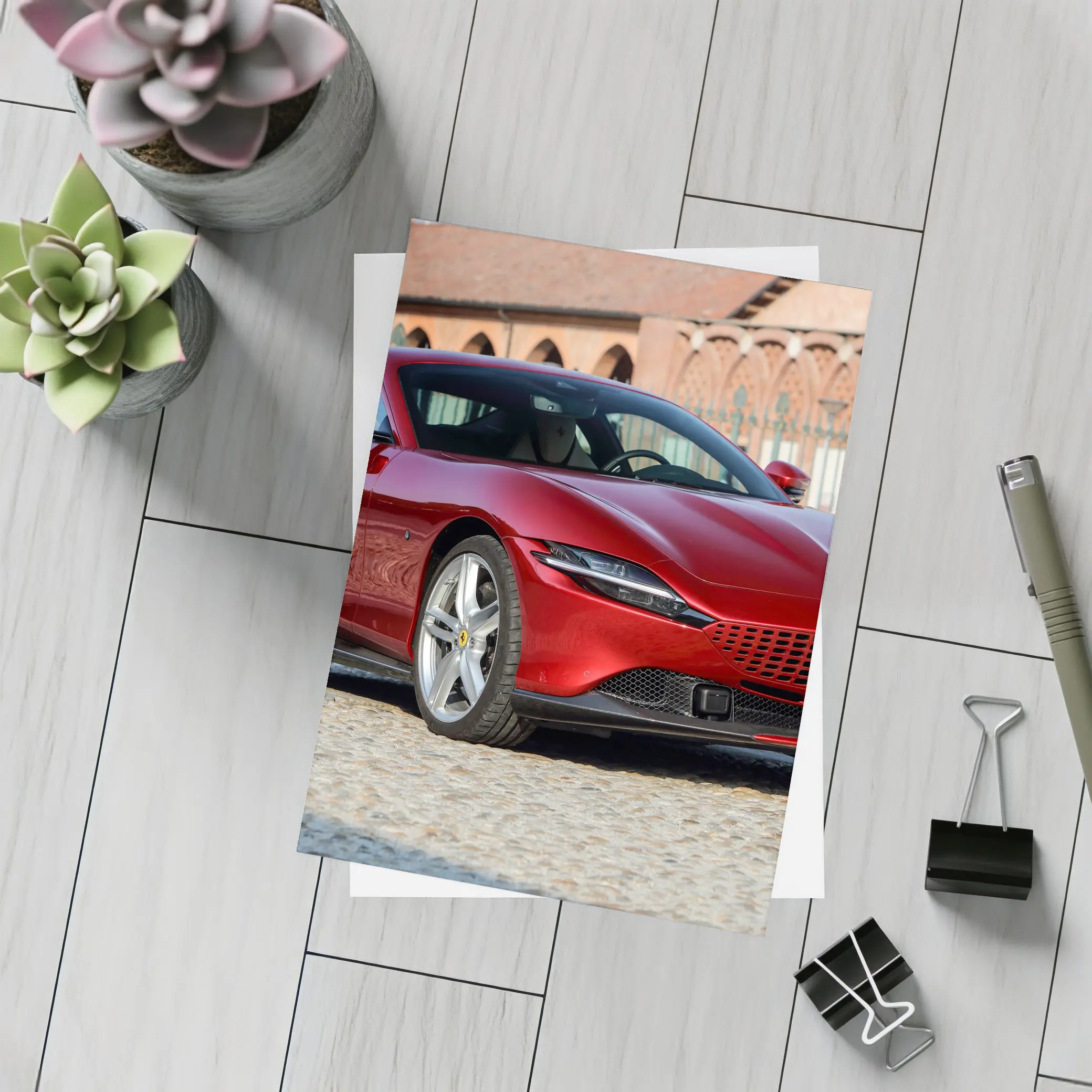 Ferrari Roma Red Coupe Cobblestone Setting – Postcards