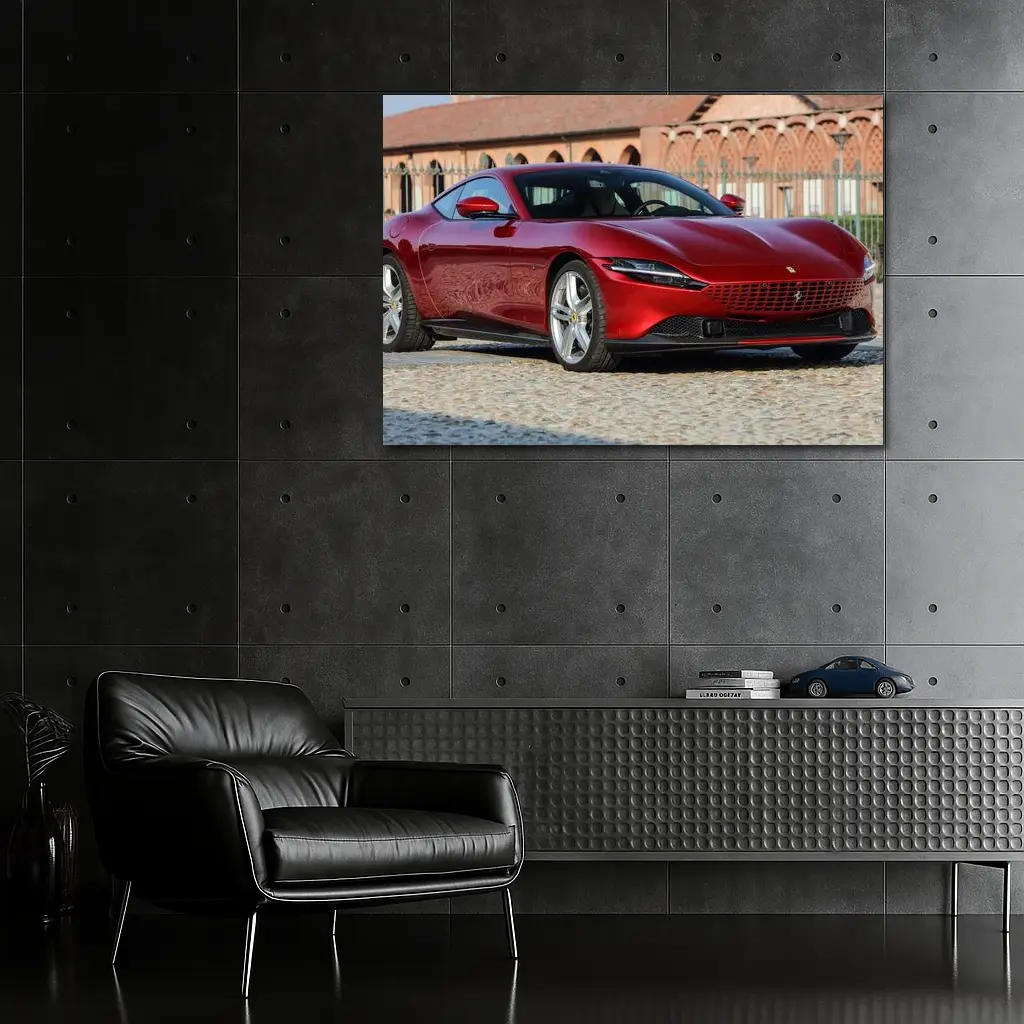 Ferrari Roma Red Coupe Cobblestone Setting – Wall Art