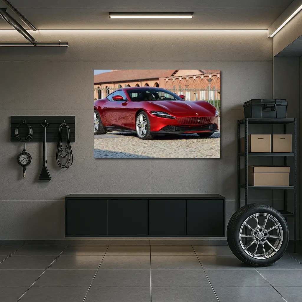 Ferrari Roma Red Coupe Cobblestone Setting – Wall Art