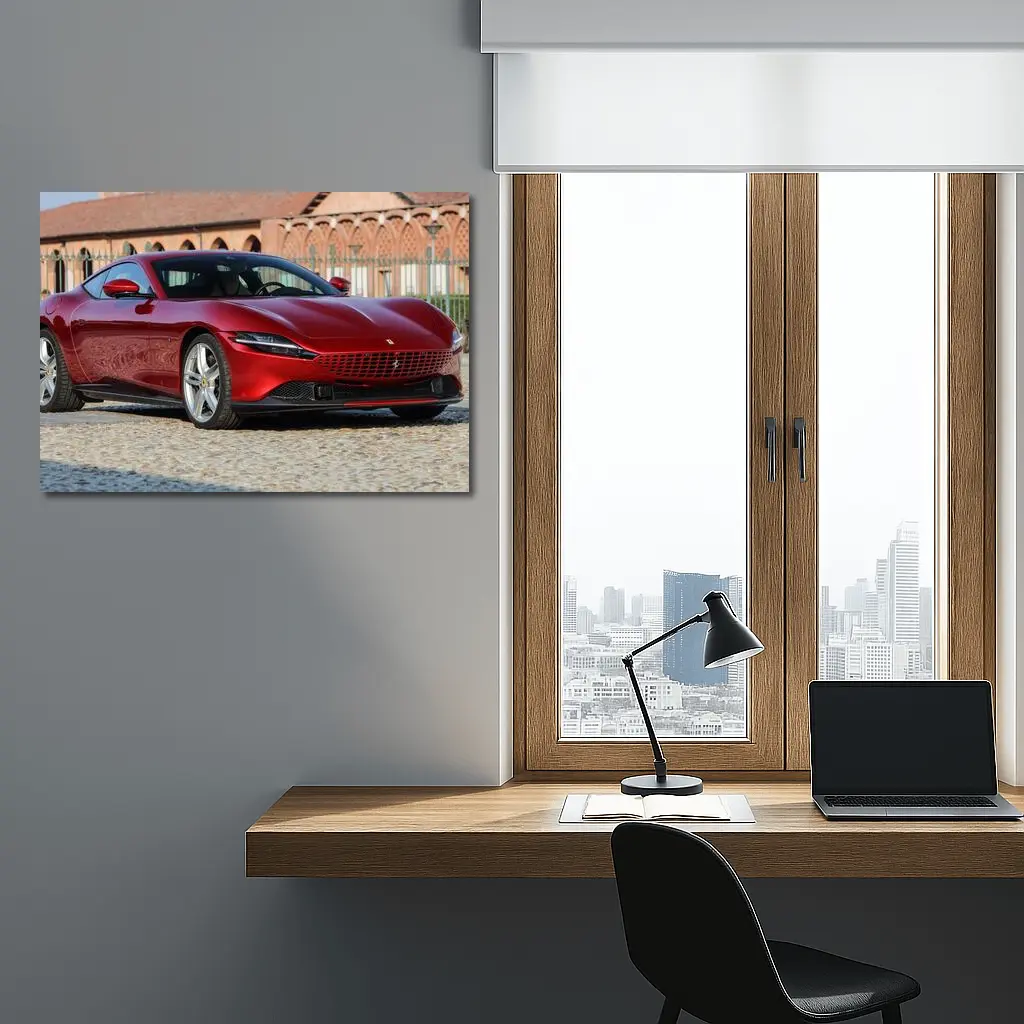 Ferrari Roma Red Coupe Cobblestone Setting – Wall Art