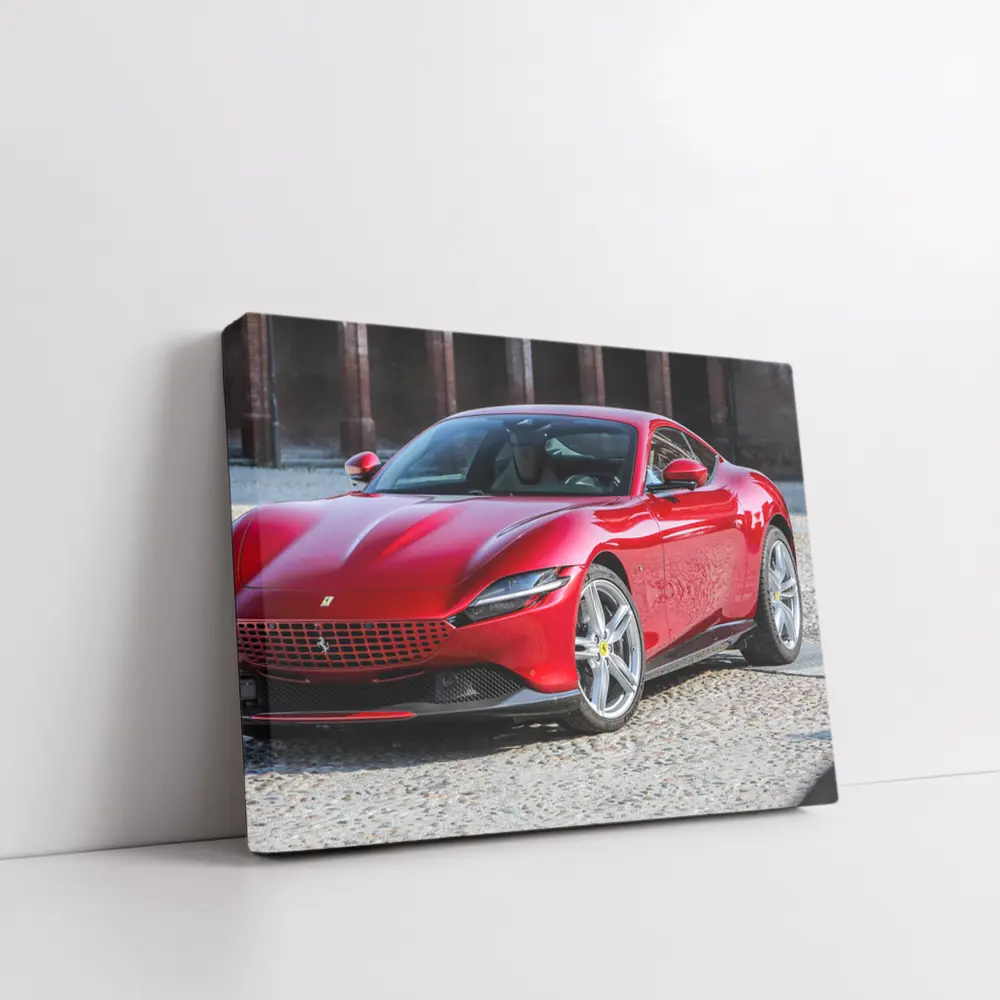 Ferrari Roma Red Sports Car Cobblestone Setting – Wall Art