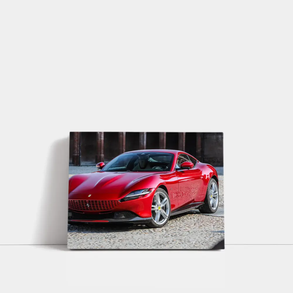 Ferrari Roma Red Sports Car Cobblestone Setting – Wall Art