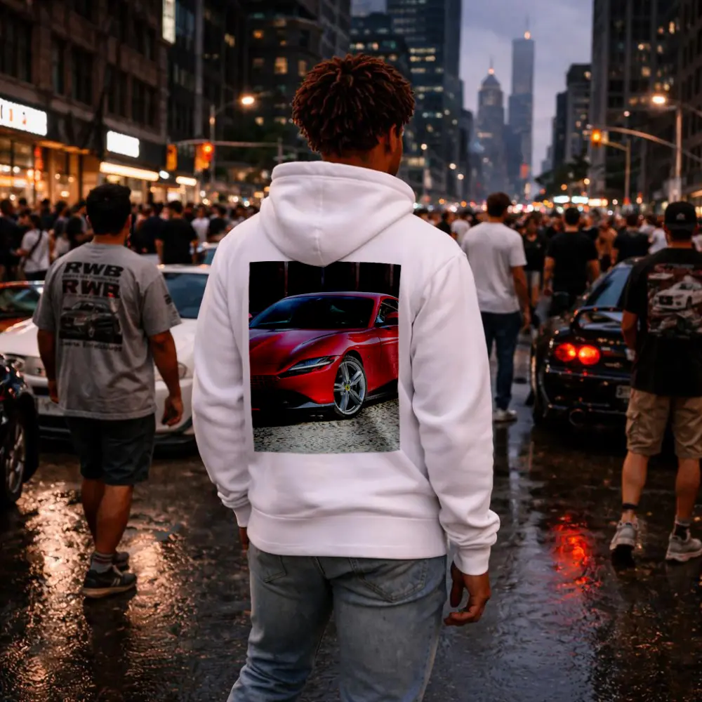 Ferrari Roma Red Sports Car Cobblestone Setting – Hoodies