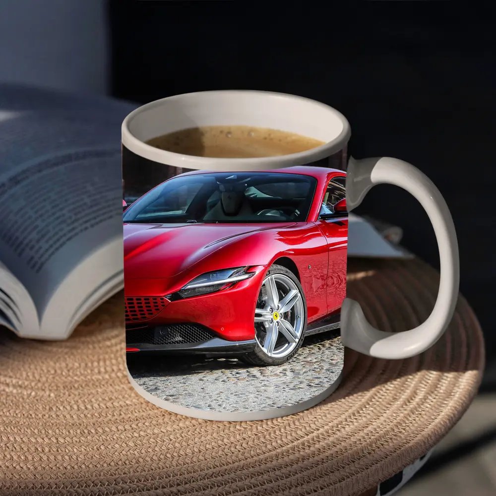 Ferrari Roma Red Sports Car Cobblestone Setting – Mugs