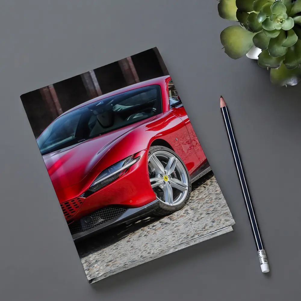 Ferrari Roma Red Sports Car Cobblestone Setting – Notebooks