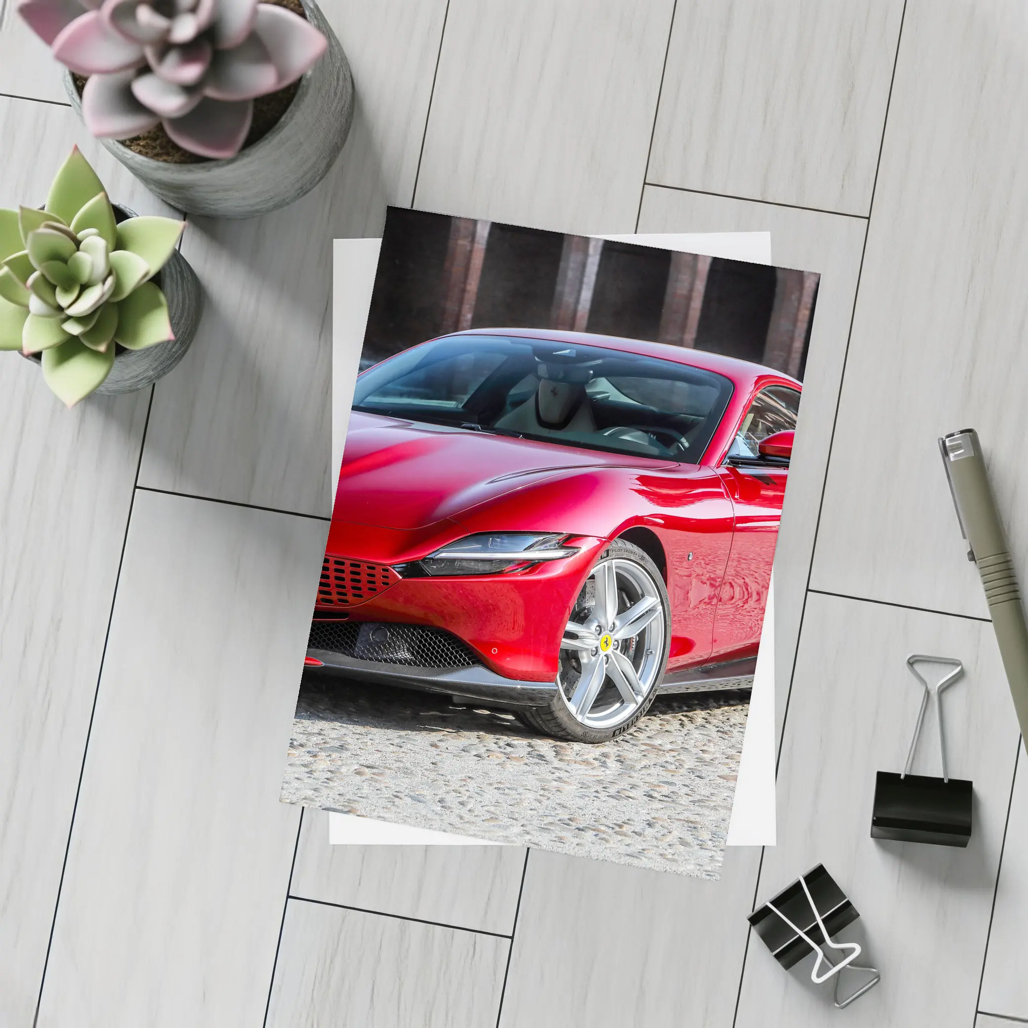 Ferrari Roma Red Sports Car Cobblestone Setting – Postcards