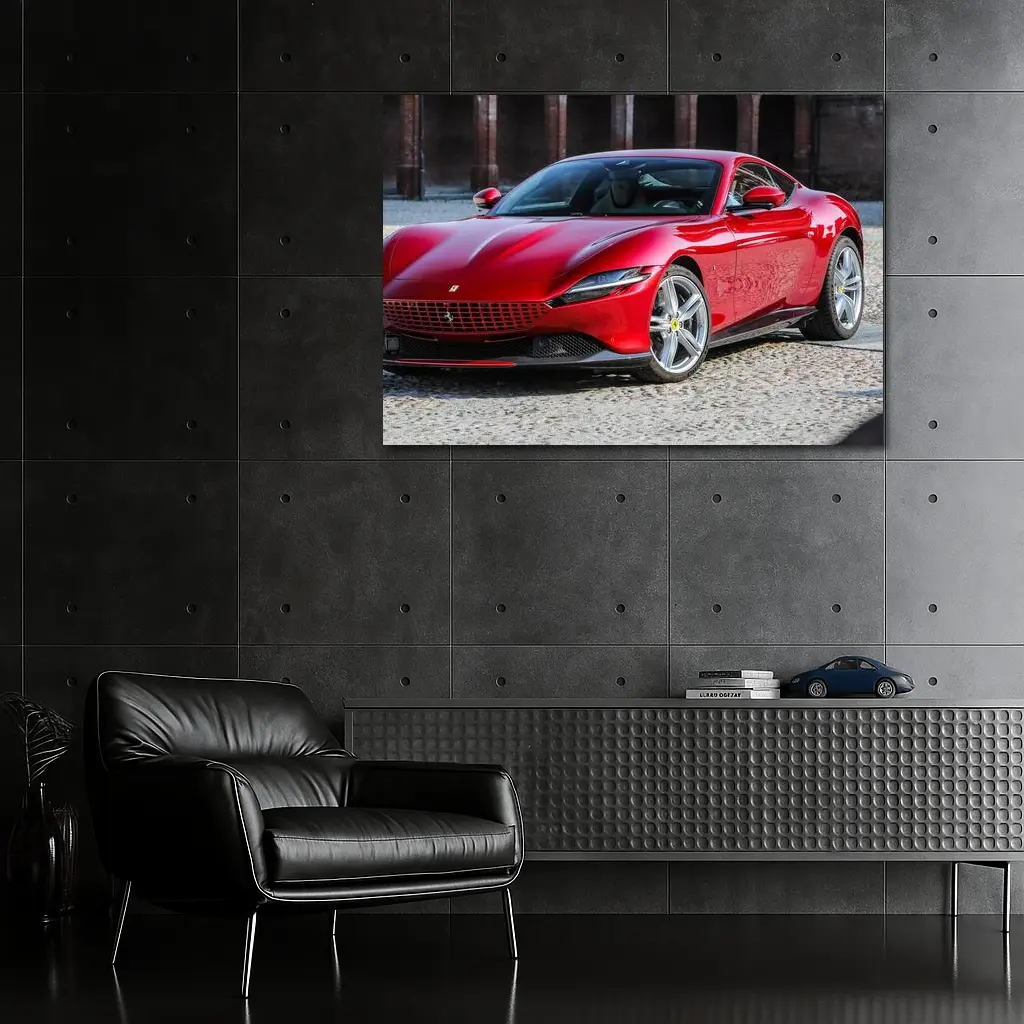 Ferrari Roma Red Sports Car Cobblestone Setting – Wall Art