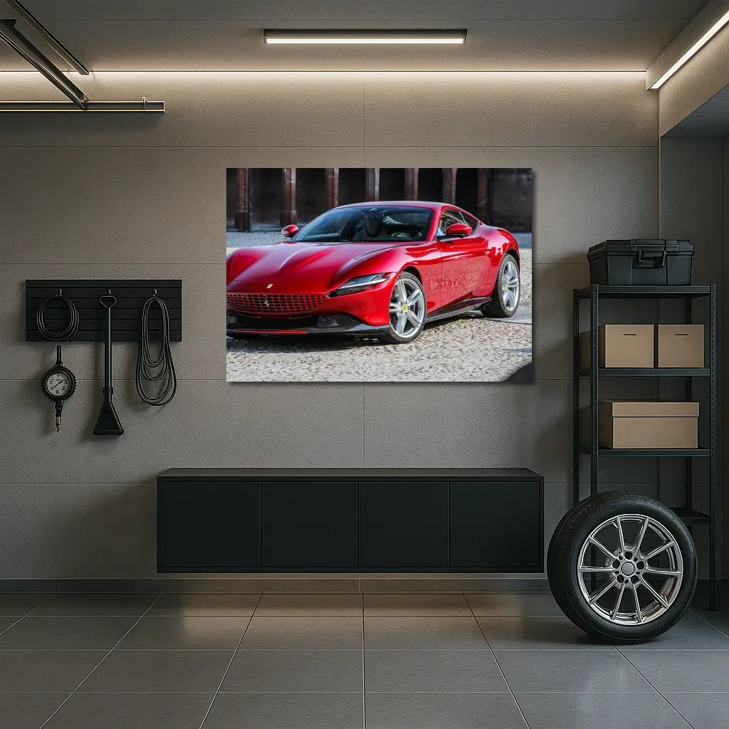 Ferrari Roma Red Sports Car Cobblestone Setting – Wall Art