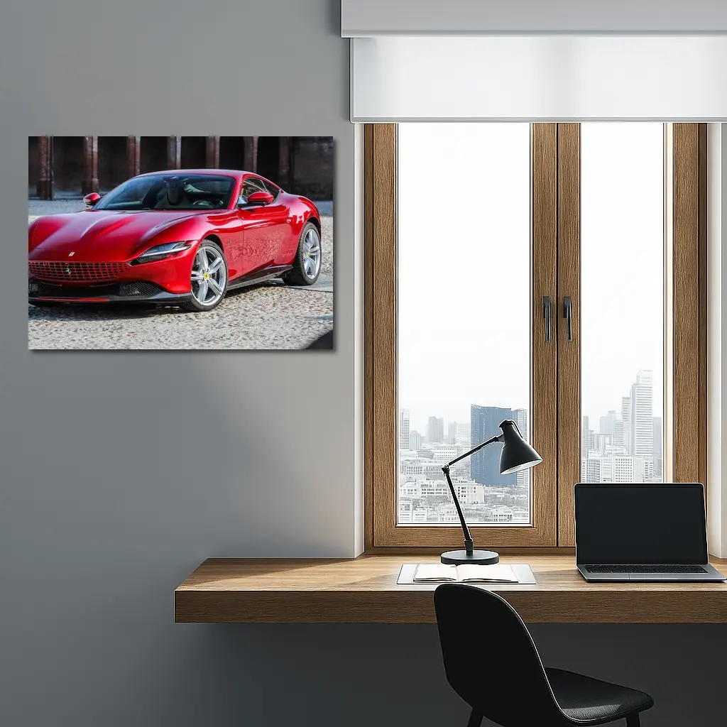 Ferrari Roma Red Sports Car Cobblestone Setting – Wall Art