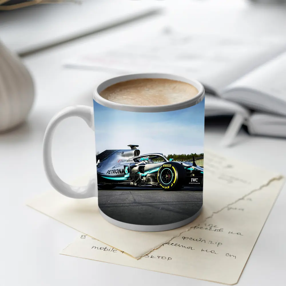 Mercedes Formula One Car on Race Track – Mugs