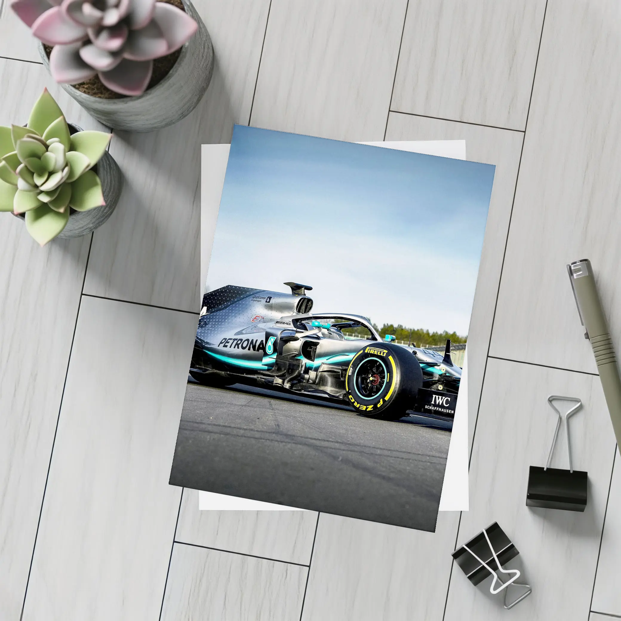 Mercedes Formula One Car on Race Track – Postcards
