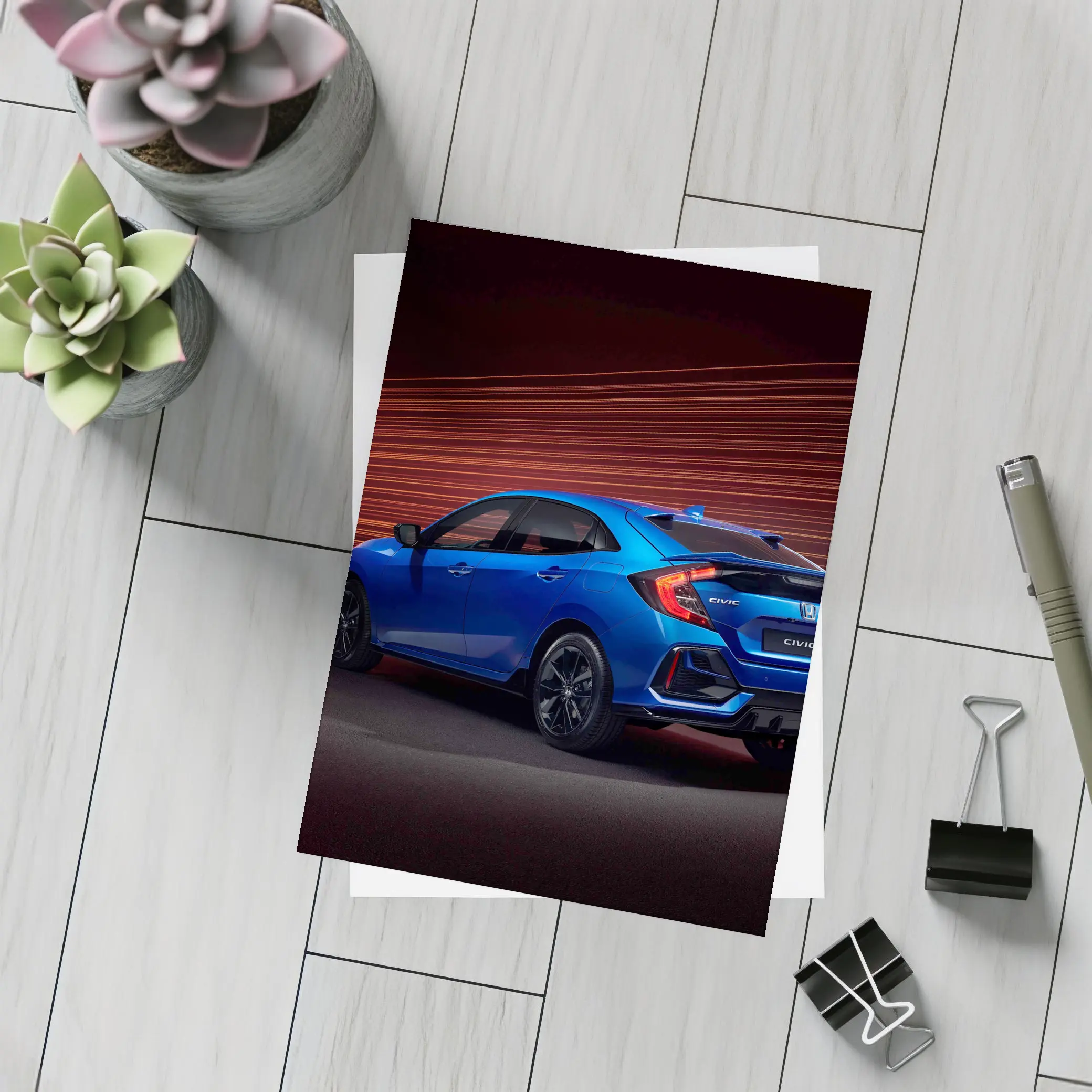 Honda Civic Hatchback Blue Neon Light Streaks – Postcards