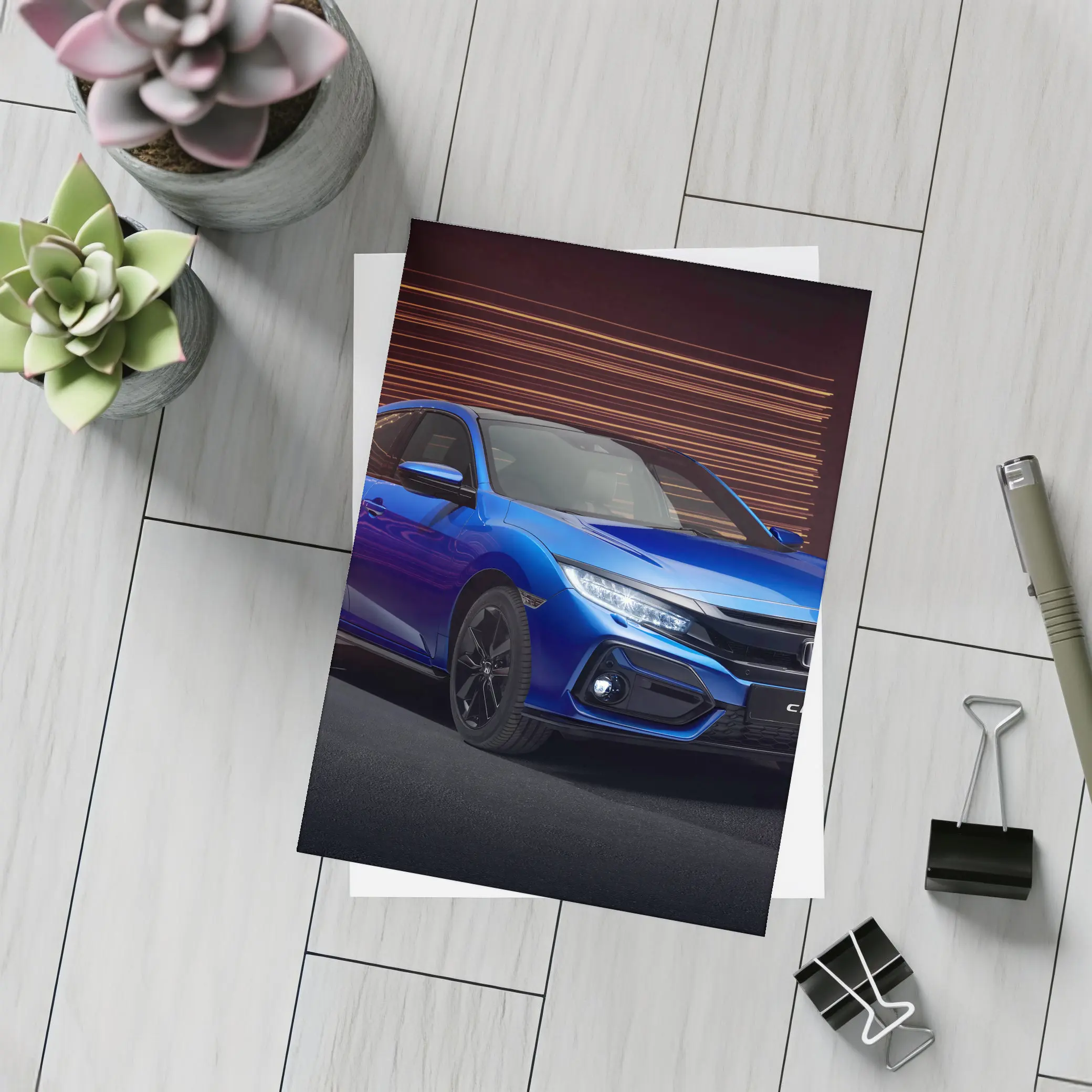 Honda Civic Hatchback Blue Studio Dark Background – Postcards