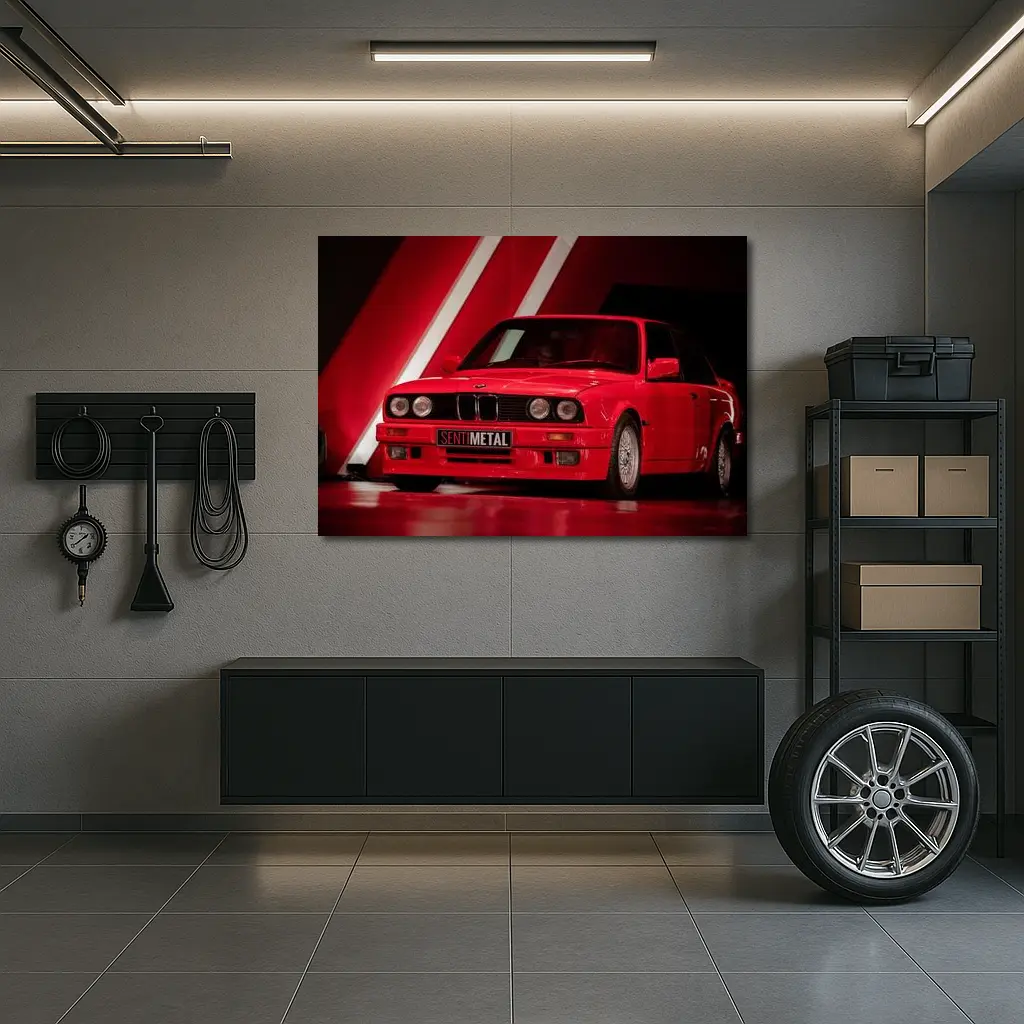 BMW E30 Red Classic Car Dark Studio – Wall Art