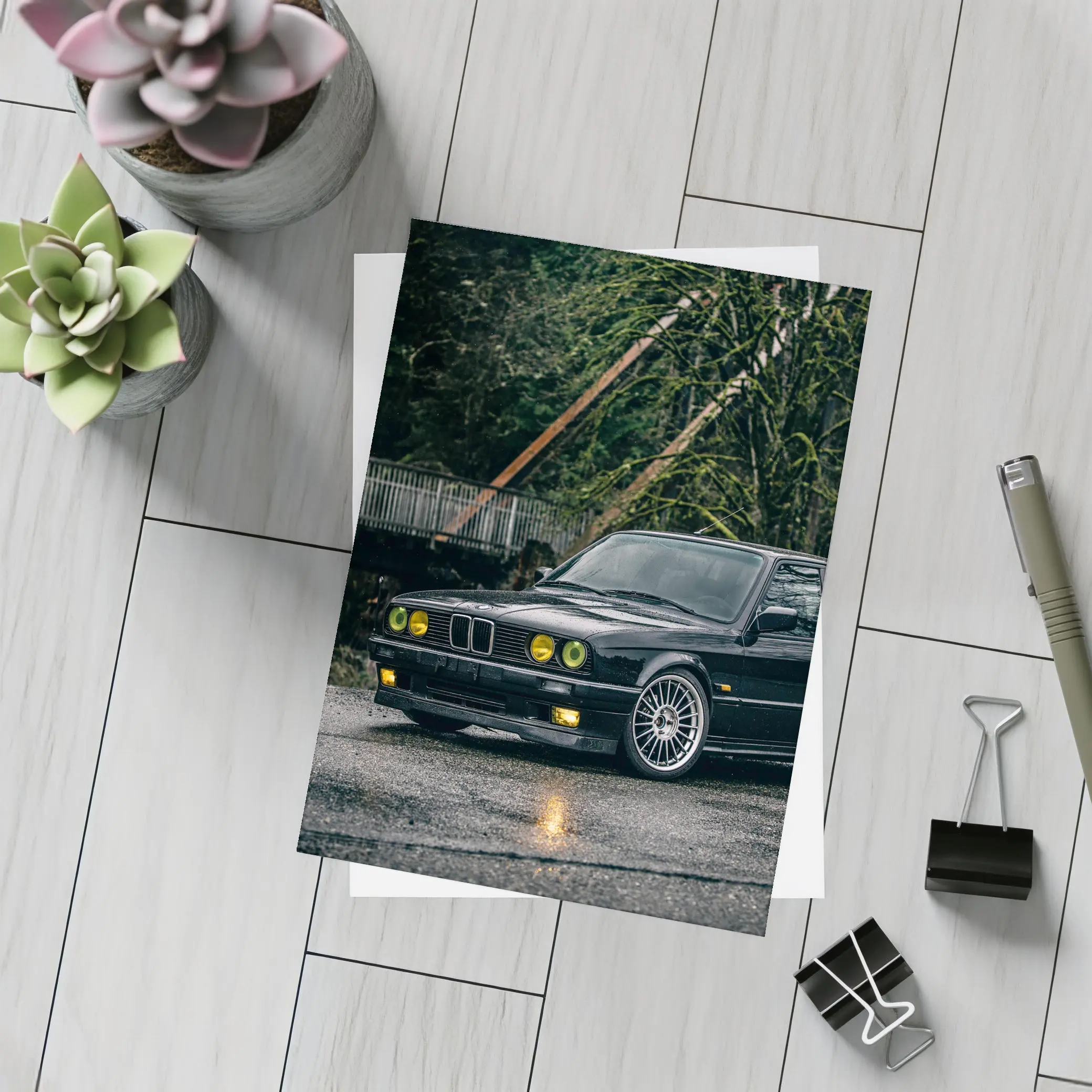 BMW E30 Touring Wagon Black Wet Street – Postcards
