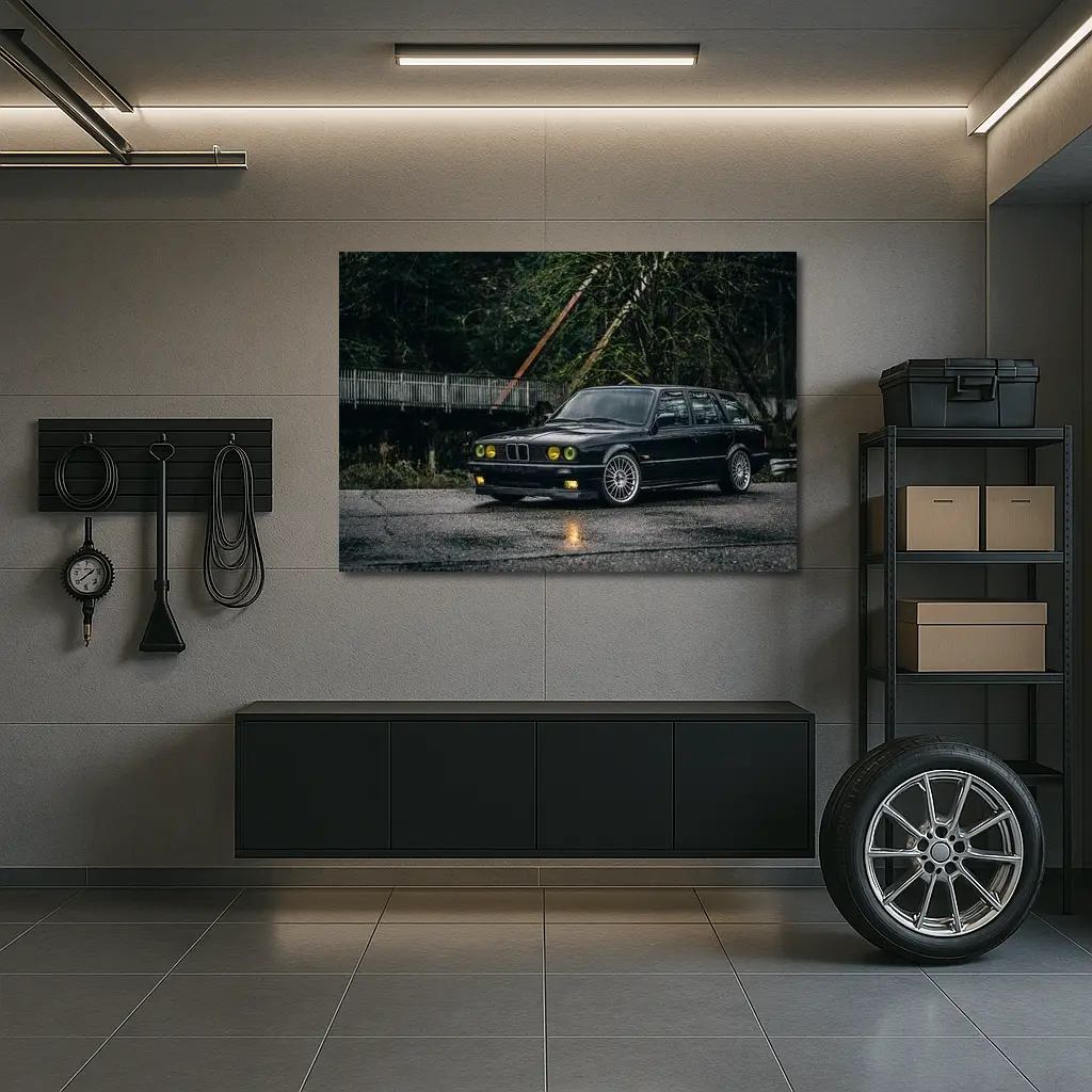 BMW E30 Touring Wagon Black Wet Street – Wall Art