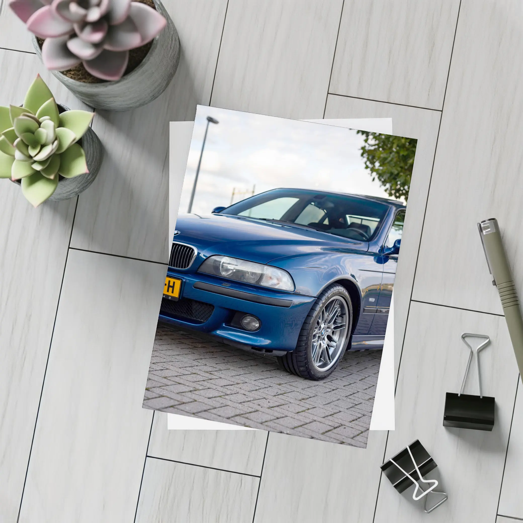BMW E39 M5 Blue Sedan Parked Outside – Postcards