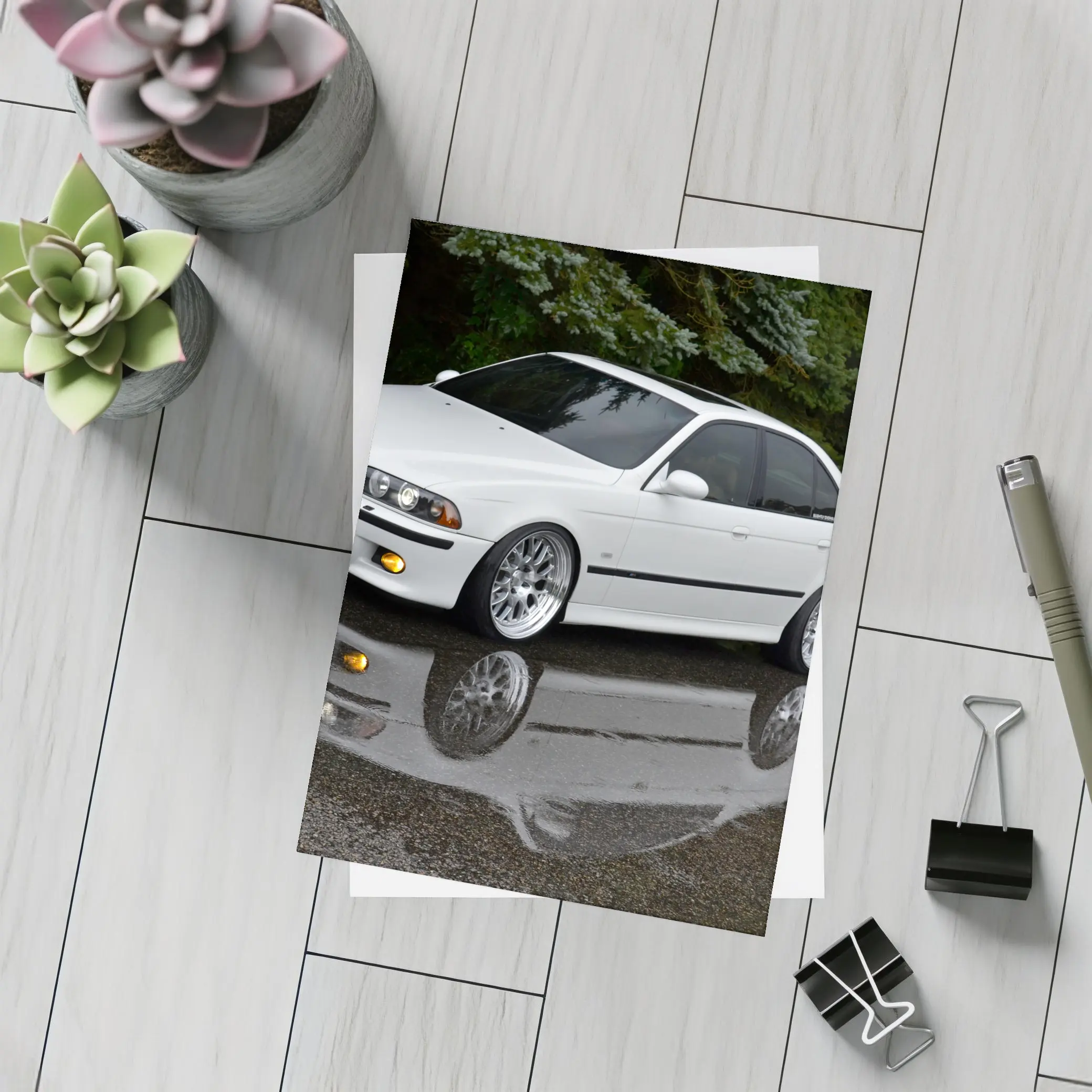 BMW E39 M5 White Wet Street Reflection – Postcards