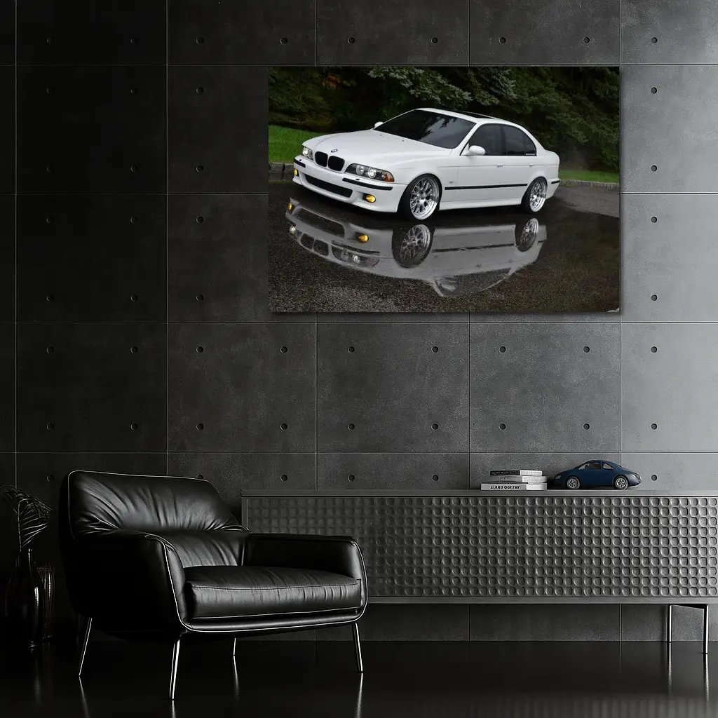 BMW E39 M5 White Wet Street Reflection – Wall Art
