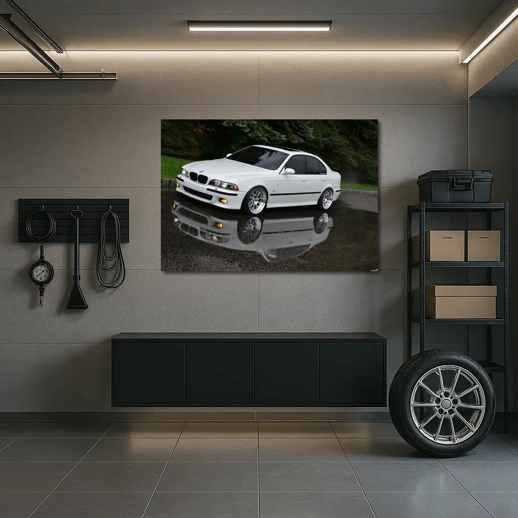 BMW E39 M5 White Wet Street Reflection – Wall Art