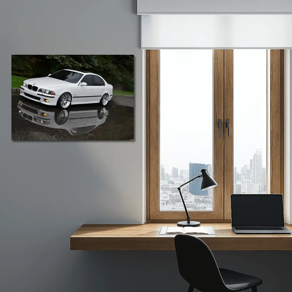 BMW E39 M5 White Wet Street Reflection – Wall Art