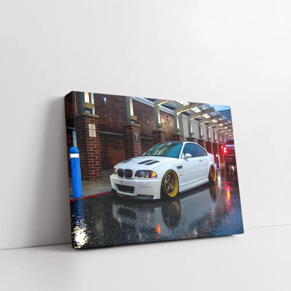BMW M3 White Stance Rainy Urban Street – Wall Art