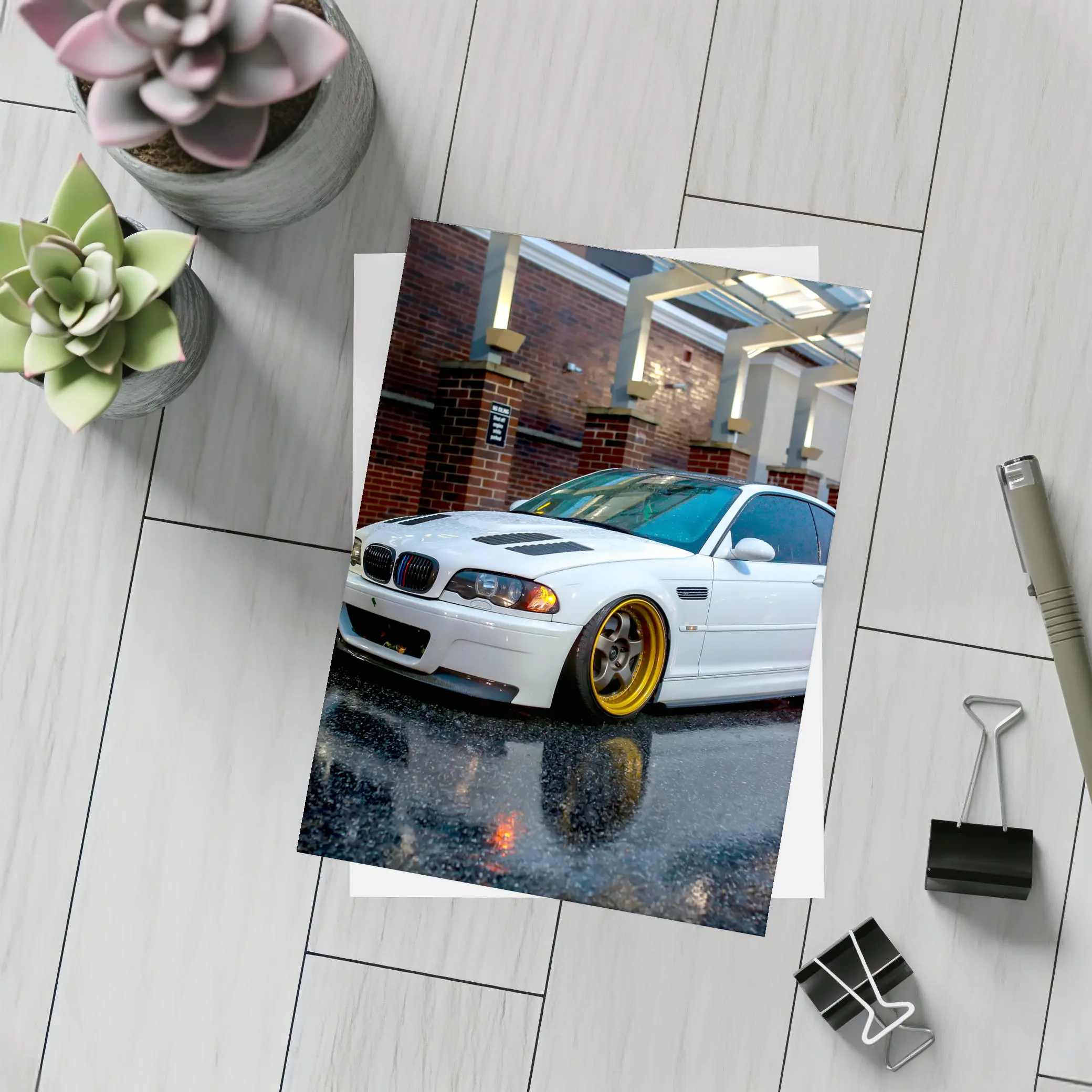 BMW M3 White Stance Rainy Urban Street – Postcards
