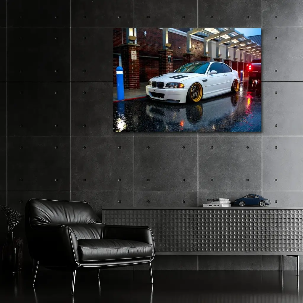 BMW M3 White Stance Rainy Urban Street – Wall Art