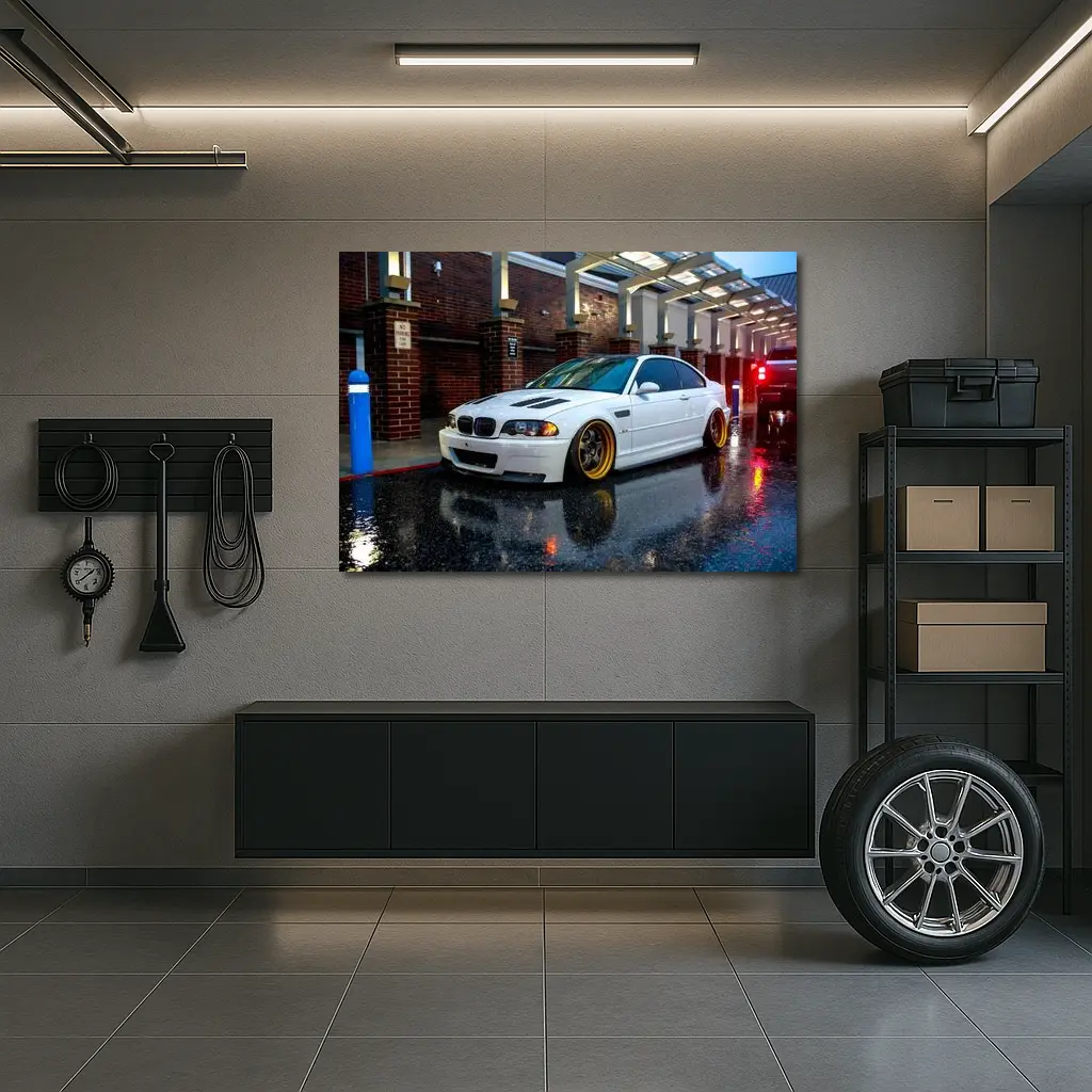 BMW M3 White Stance Rainy Urban Street – Wall Art