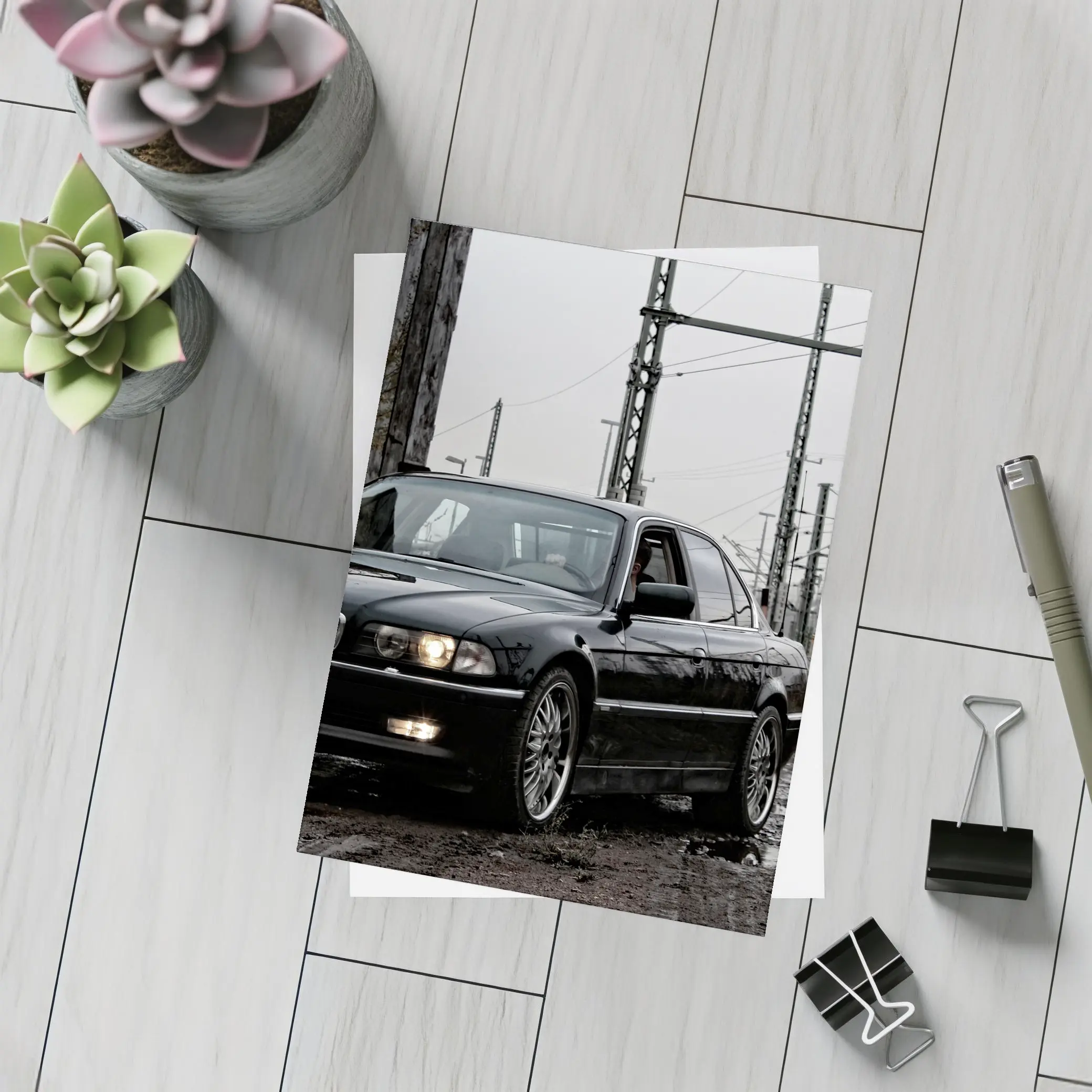 BMW 740i E38 Black Industrial Rainy Setting – Postcards