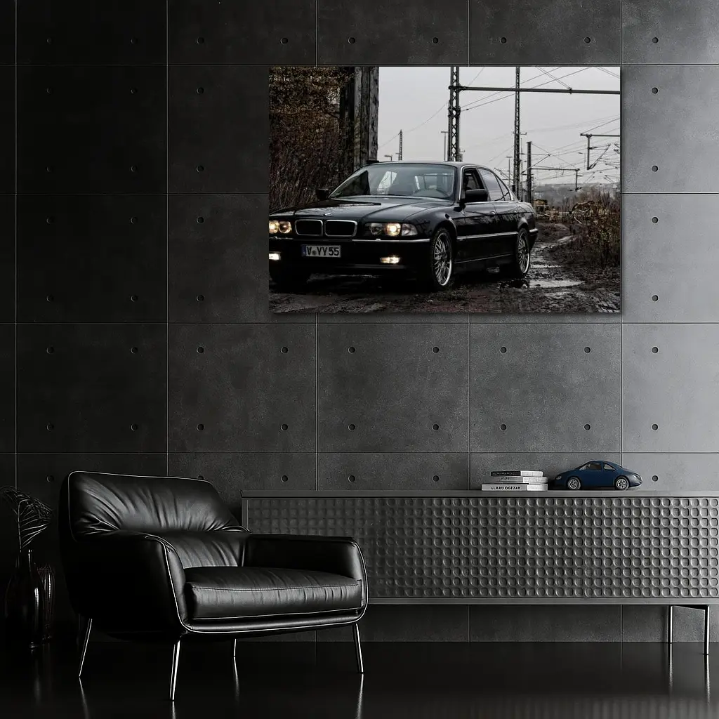 BMW 740i E38 Black Industrial Rainy Setting – Wall Art