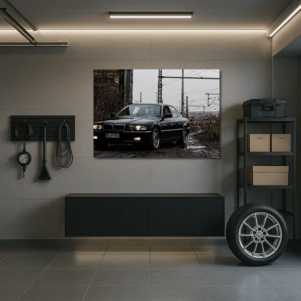BMW 740i E38 Black Industrial Rainy Setting – Wall Art