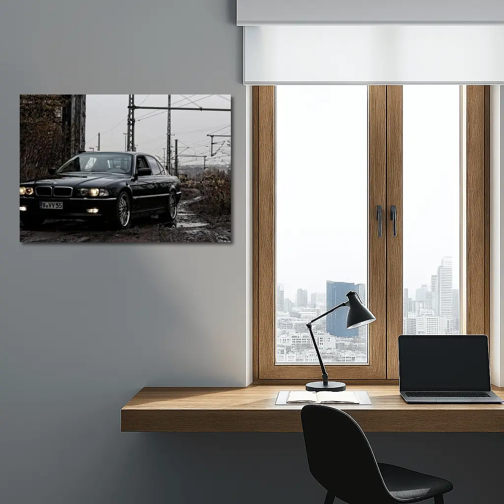BMW 740i E38 Black Industrial Rainy Setting – Wall Art