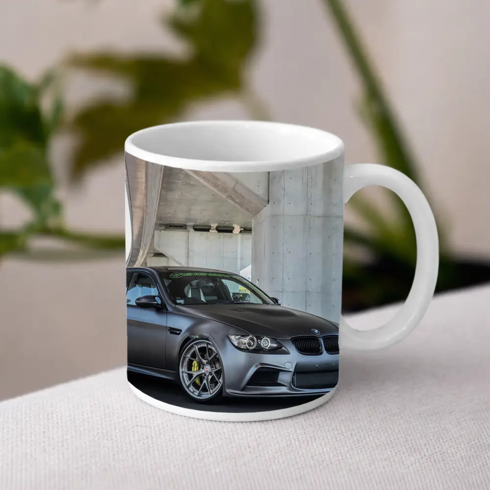 BMW M3 Sedan Matte Gray Under Concrete Bridge – Mugs