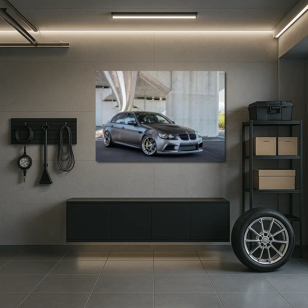 BMW M3 Sedan Matte Gray Under Concrete Bridge – Wall Art