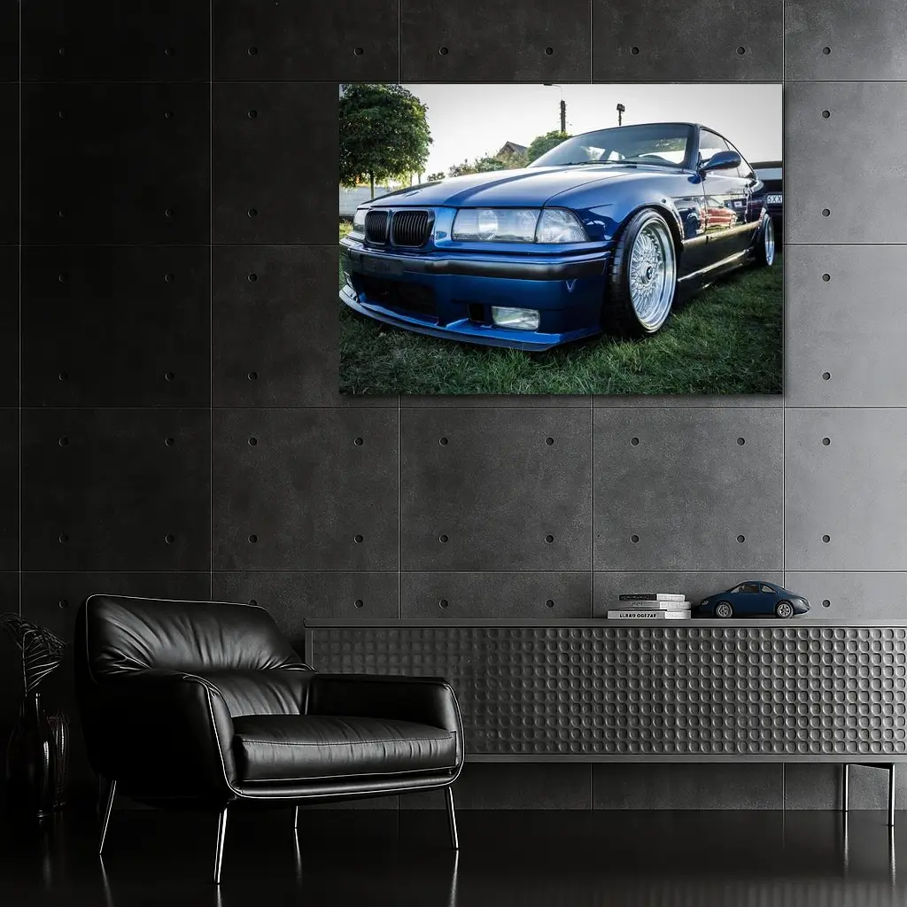 BMW E36 Coupe Slammed Blue Car Meet – Wall Art