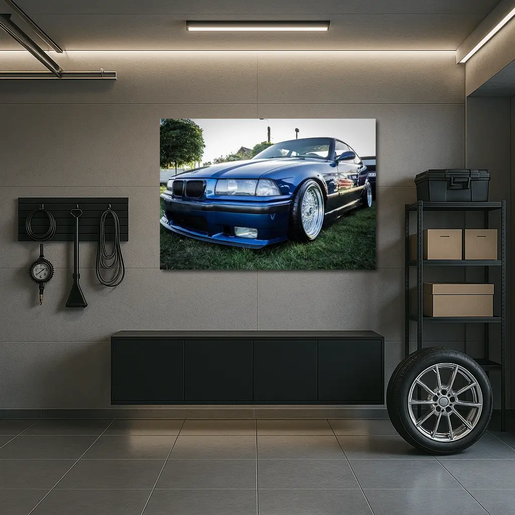 BMW E36 Coupe Slammed Blue Car Meet – Wall Art