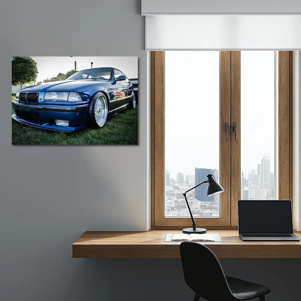 BMW E36 Coupe Slammed Blue Car Meet – Wall Art