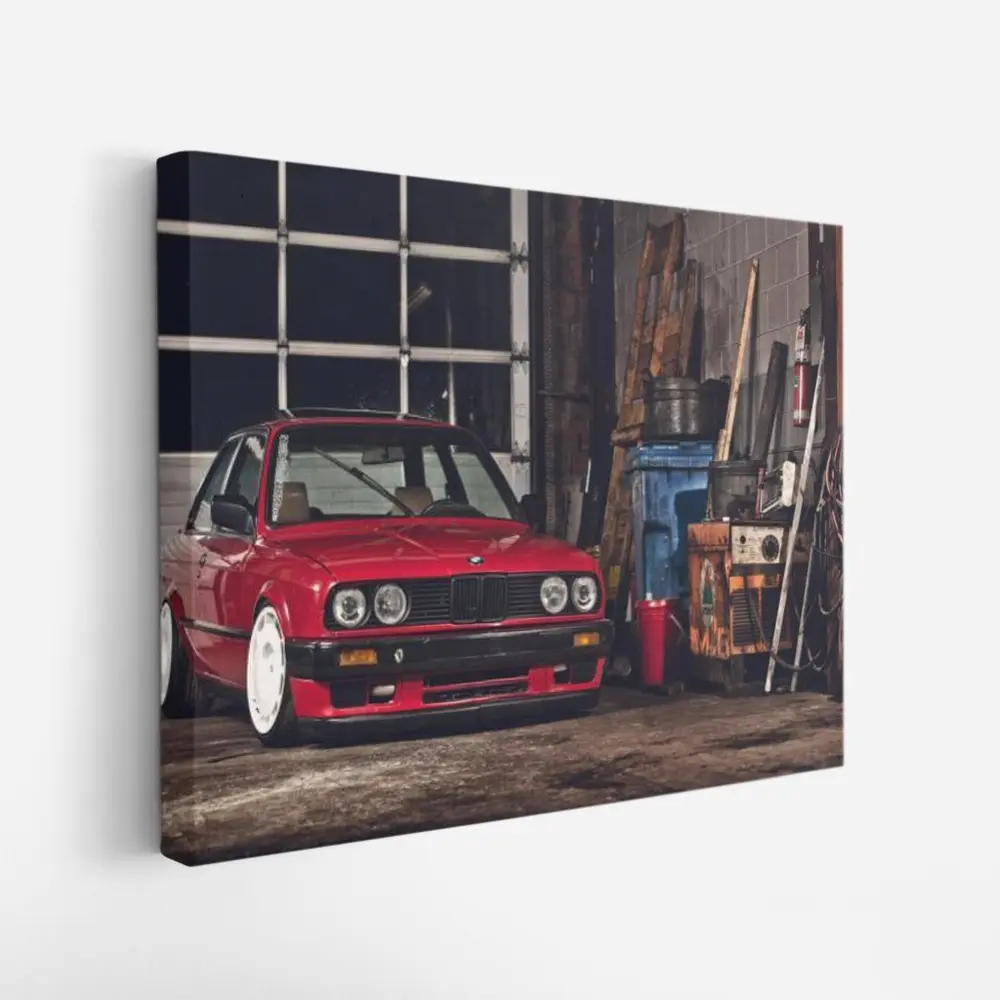 BMW E30 Red Coupe Garage Workshop Scene – Wall Art