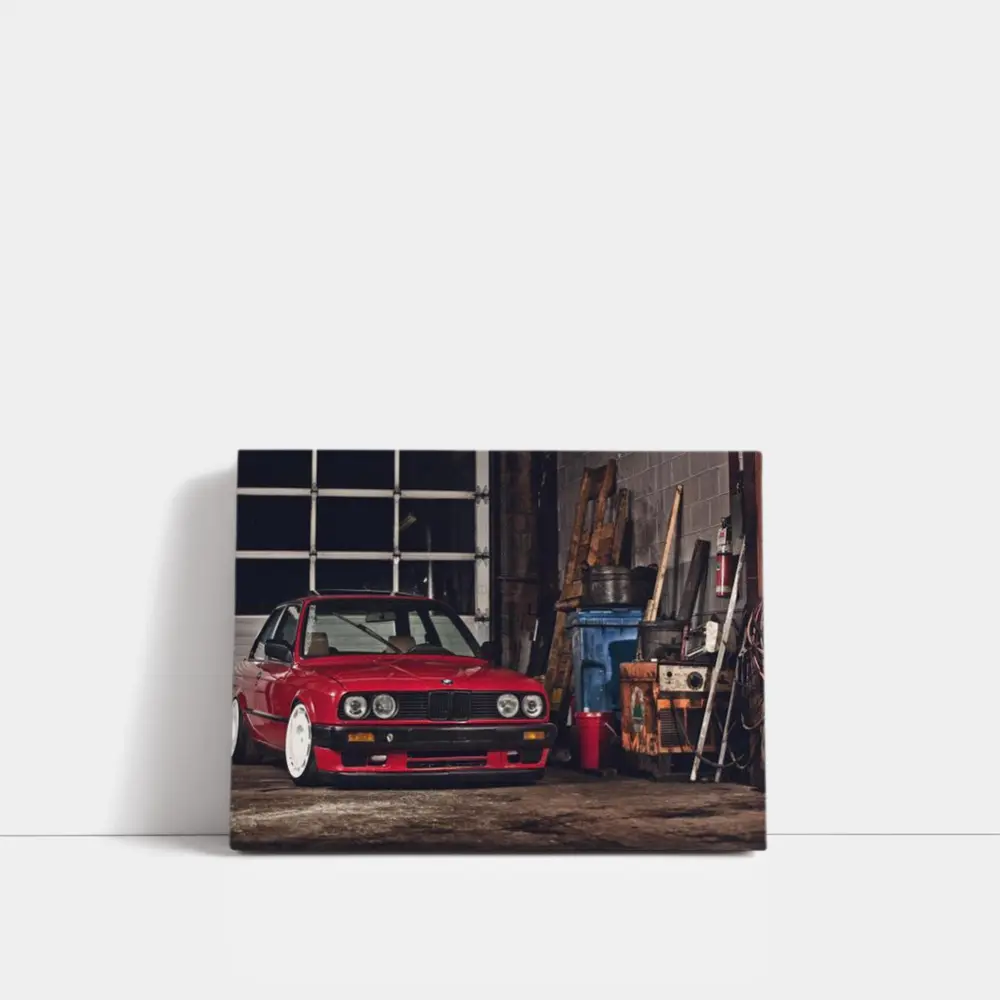 BMW E30 Red Coupe Garage Workshop Scene – Wall Art