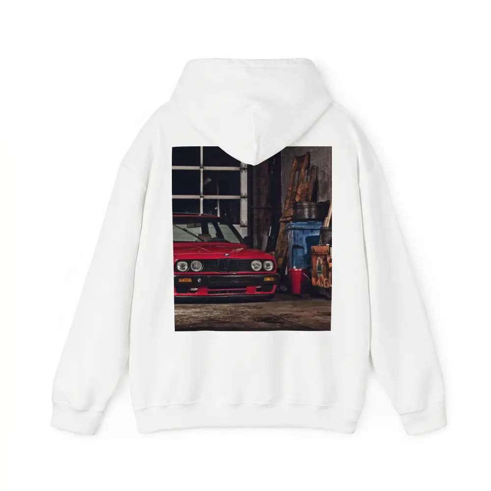 BMW E30 Red Coupe Garage Workshop Scene – Hoodies