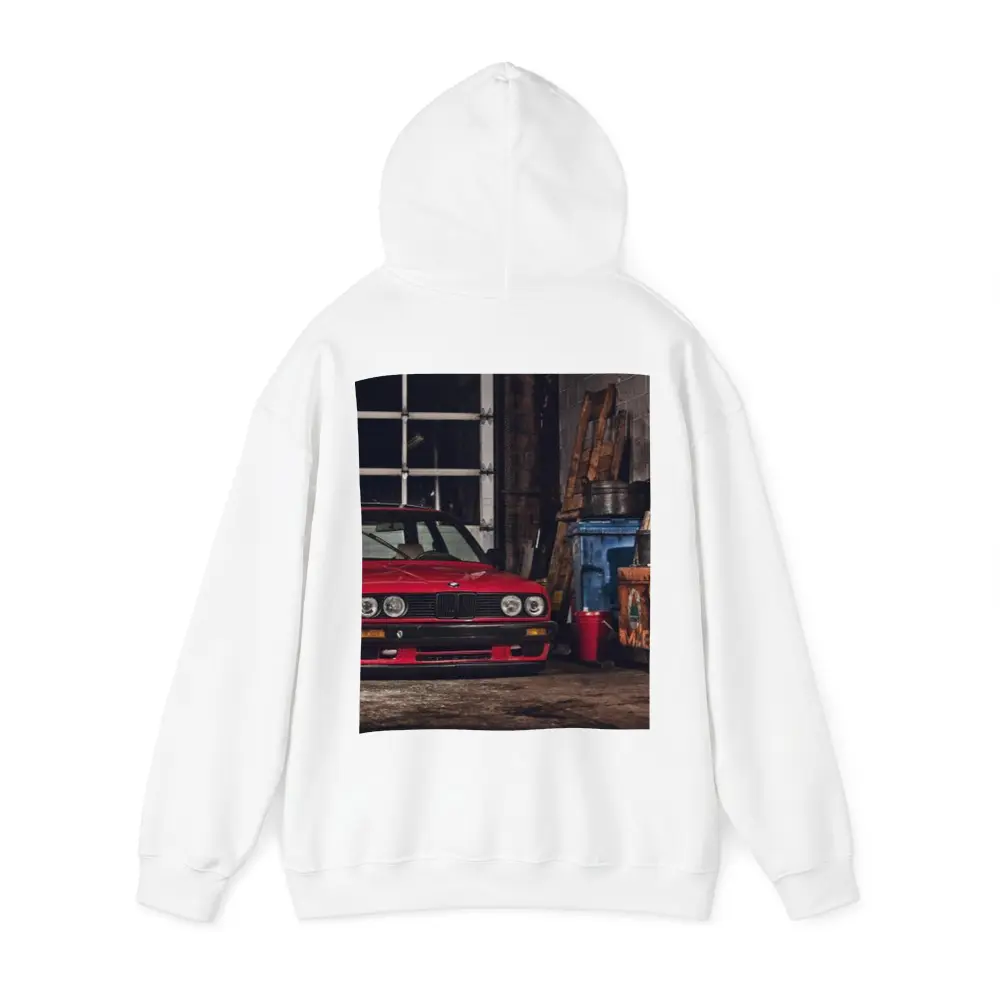 BMW E30 Red Coupe Garage Workshop Scene – Hoodies