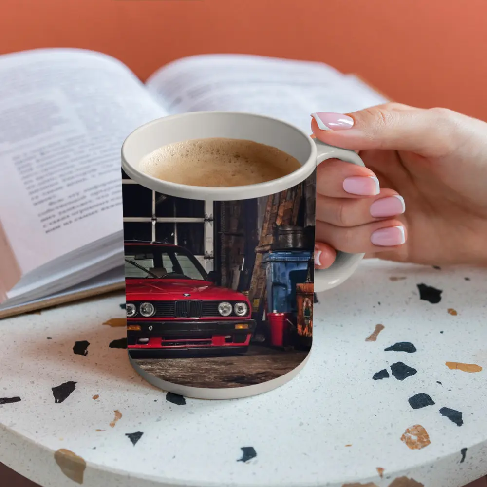 BMW E30 Red Coupe Garage Workshop Scene – Mugs