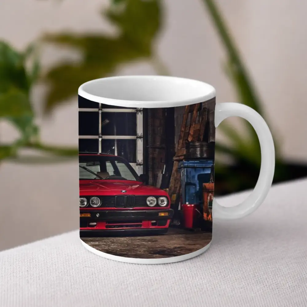 BMW E30 Red Coupe Garage Workshop Scene – Mugs