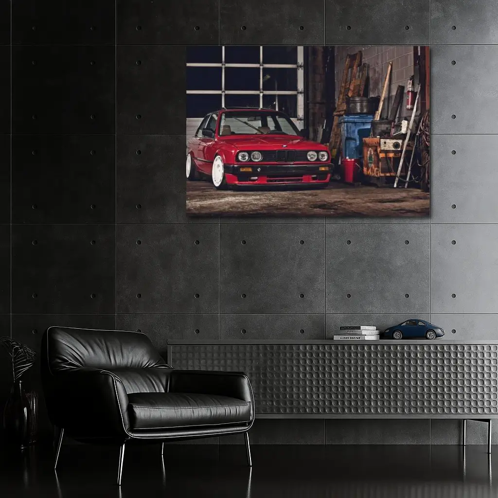 BMW E30 Red Coupe Garage Workshop Scene – Wall Art