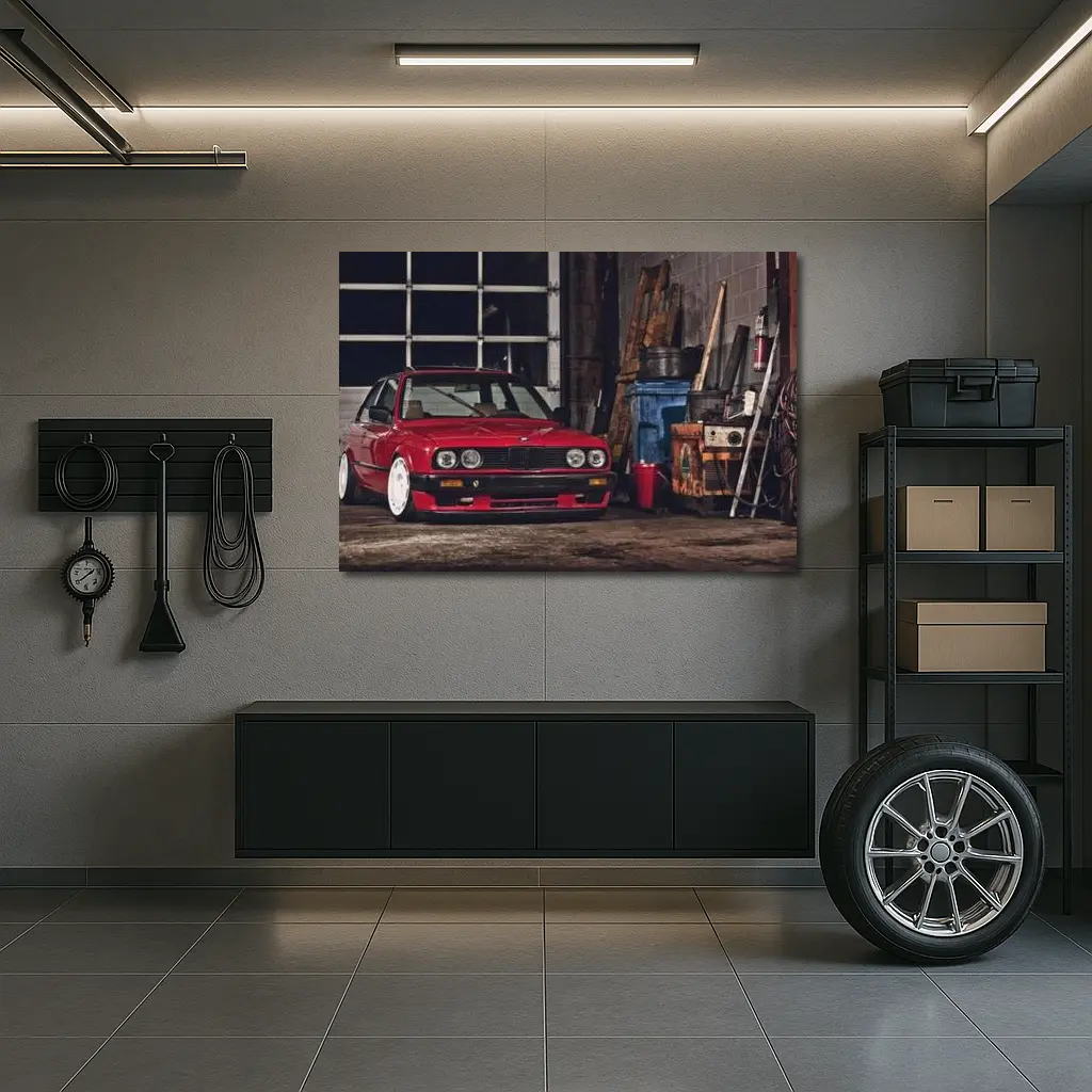 BMW E30 Red Coupe Garage Workshop Scene – Wall Art