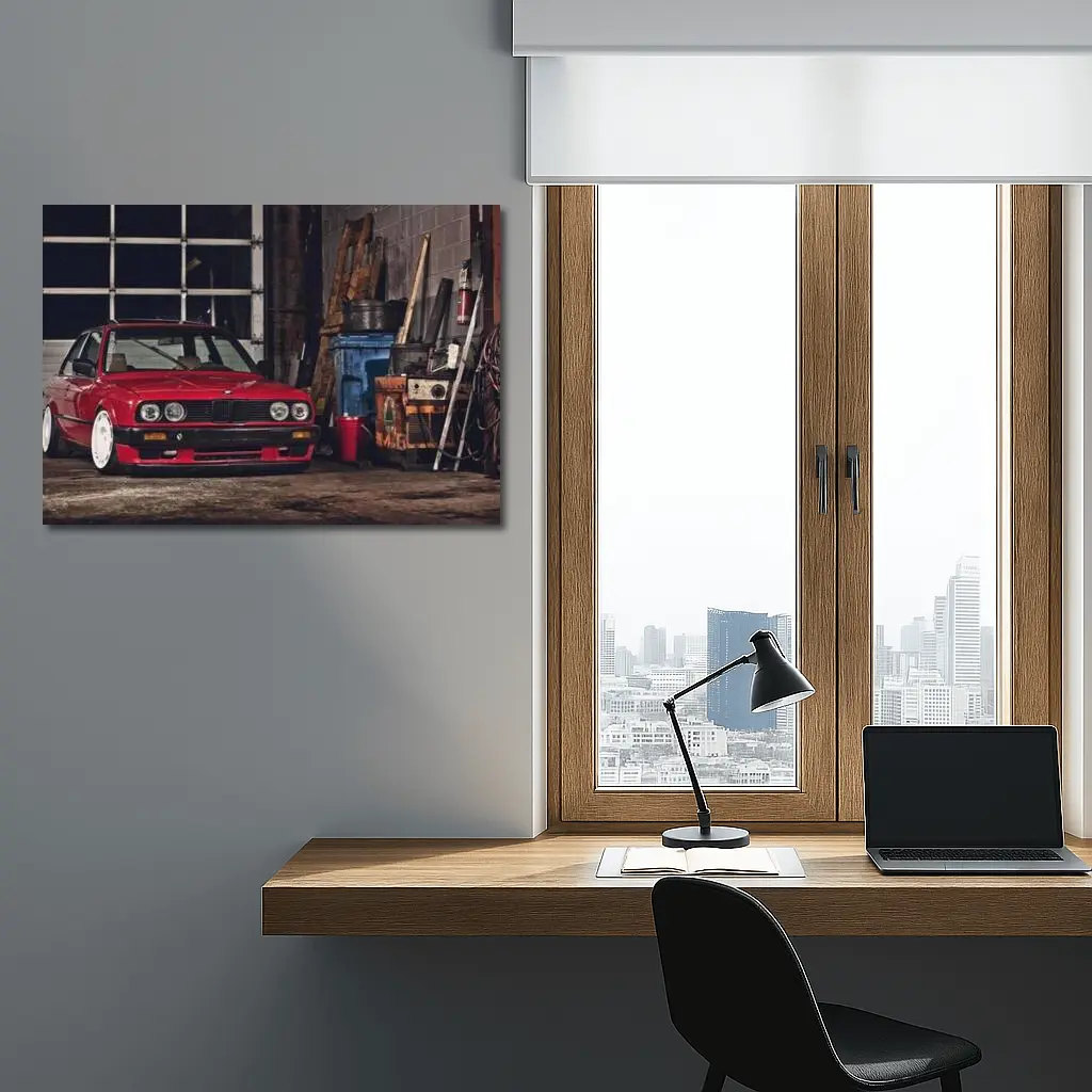 BMW E30 Red Coupe Garage Workshop Scene – Wall Art
